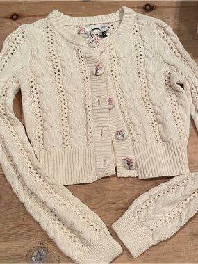 NWT Freshman 1996 Ivory Floral Button cableknit cotton cardigan cottagecore xs